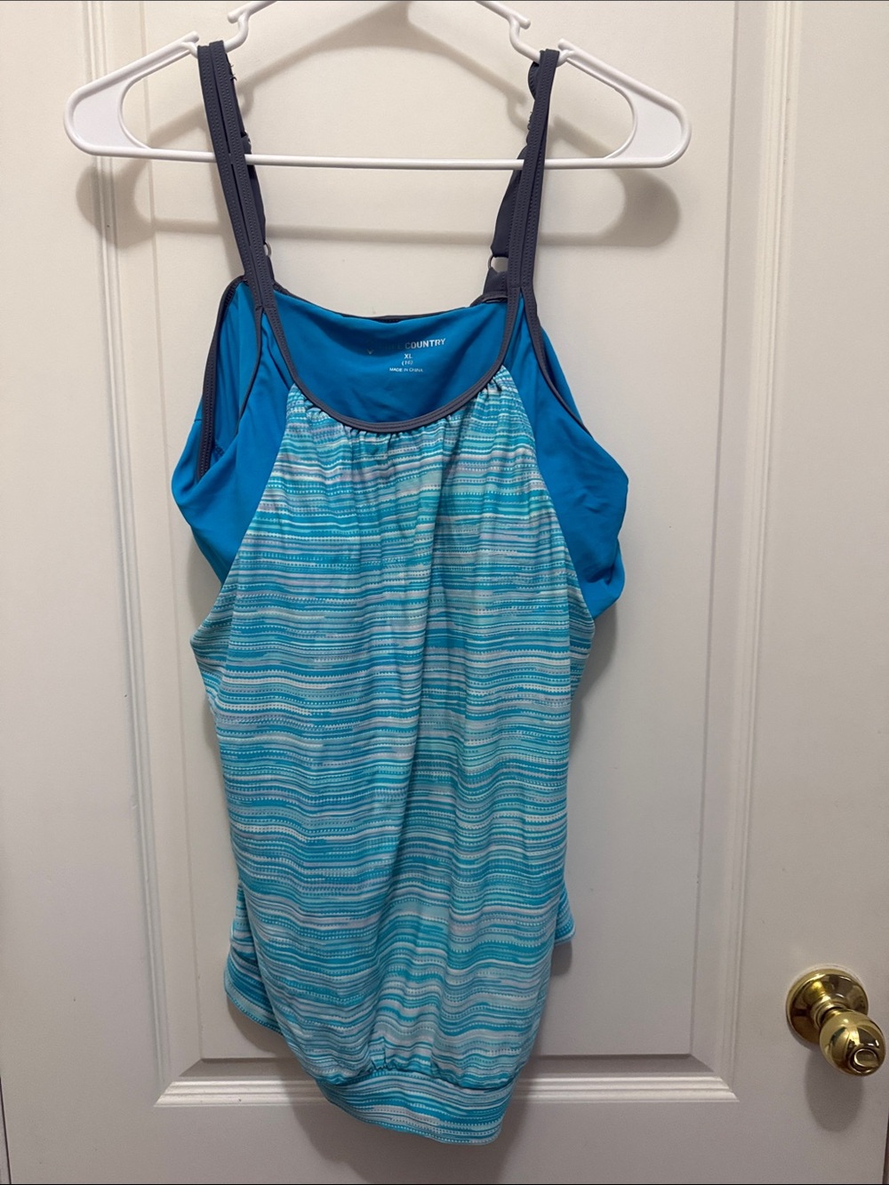Women’s XL Free Country Blouson Tankini Teal Active Tank Gray Trim banded bottom